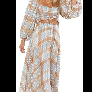 Show Me Your MuMu Plaid Skirt Set in Tan and Blue